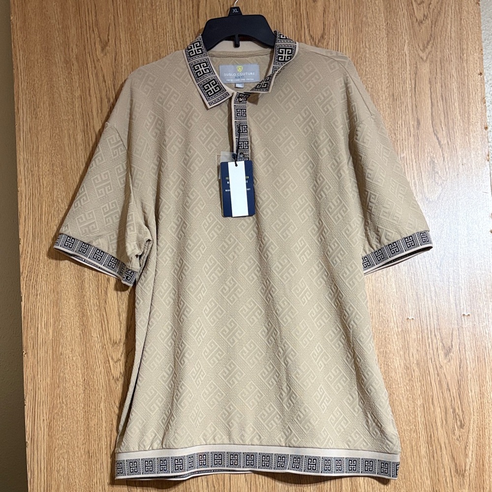 SUSLO COUTURE Designer Beige Polo Shirt with Patterned Trim